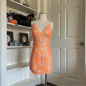 Lucy in the Sky Orange Sequin V-Neck Mini Dress